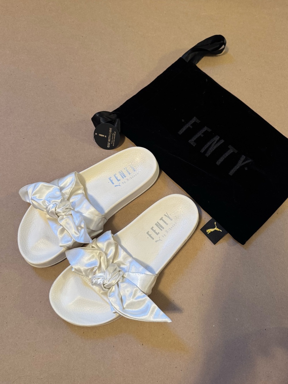 Fenty Beauty White Satin Bow Slide Sandals